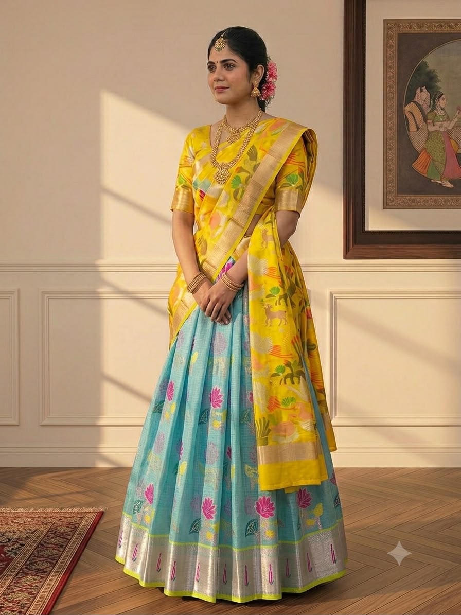 Zari Kota Pattu Lehenga fully stitched.