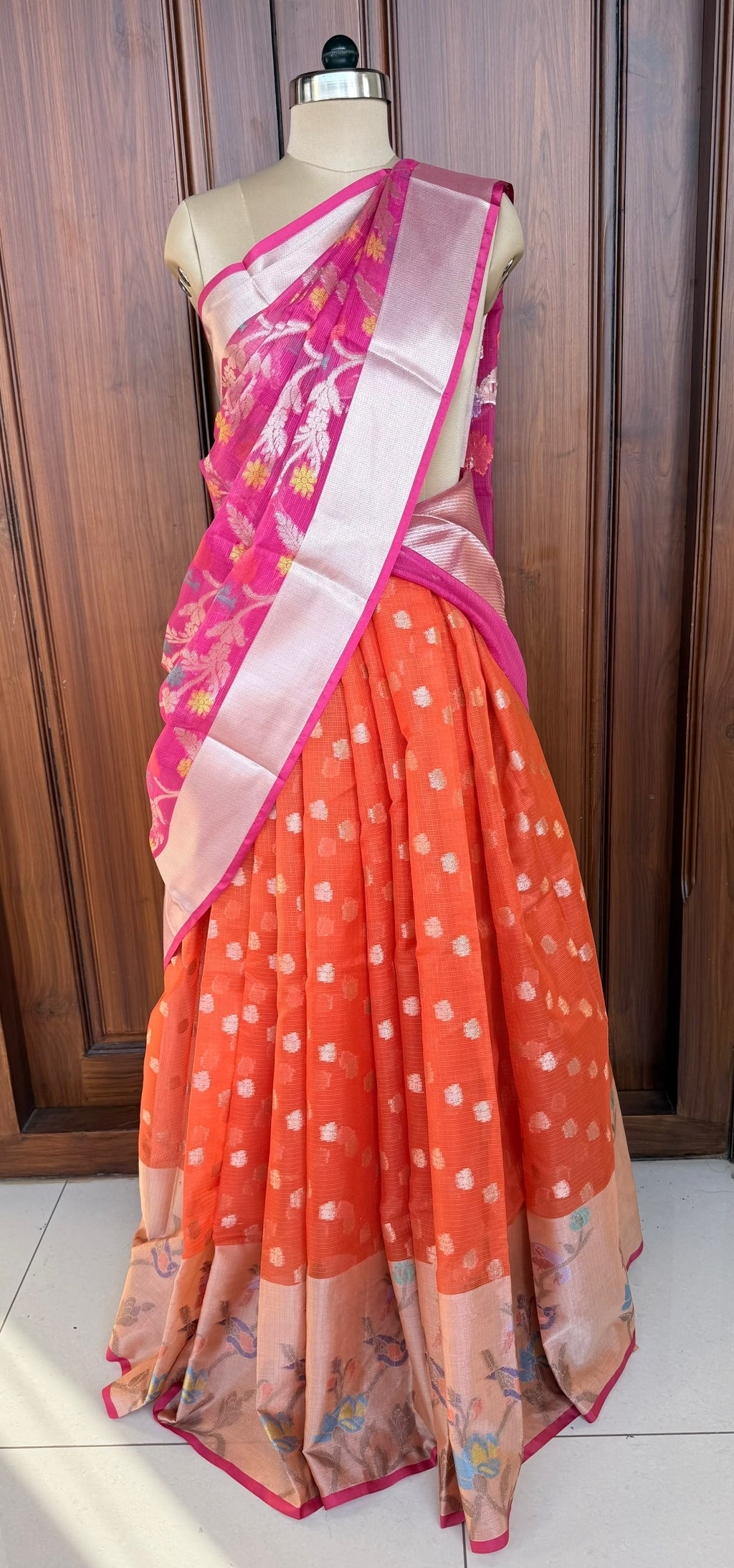 Orange and Pink Zari Kota Lehenga Set