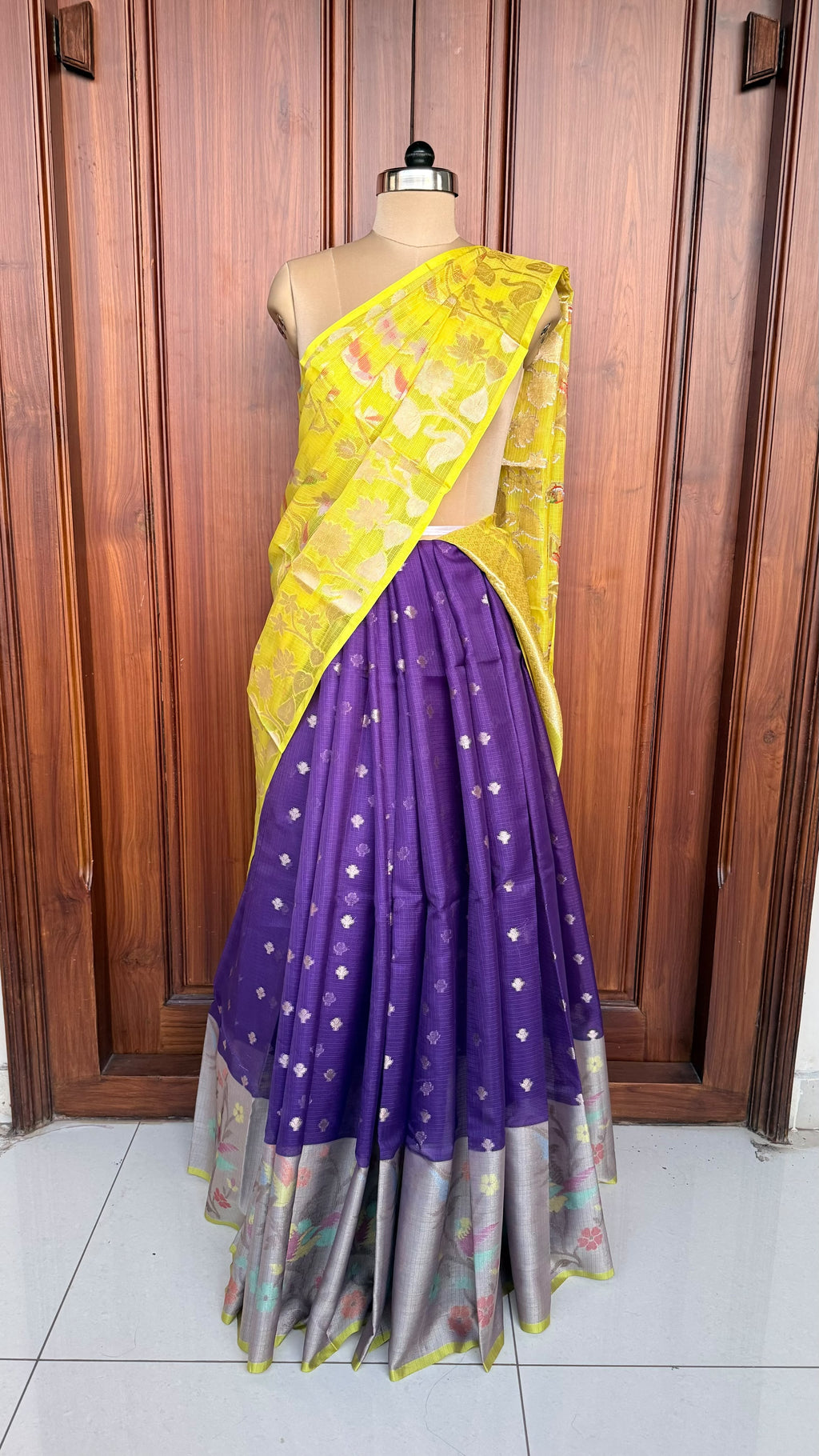 Yellow and blue zari kota lehenga set