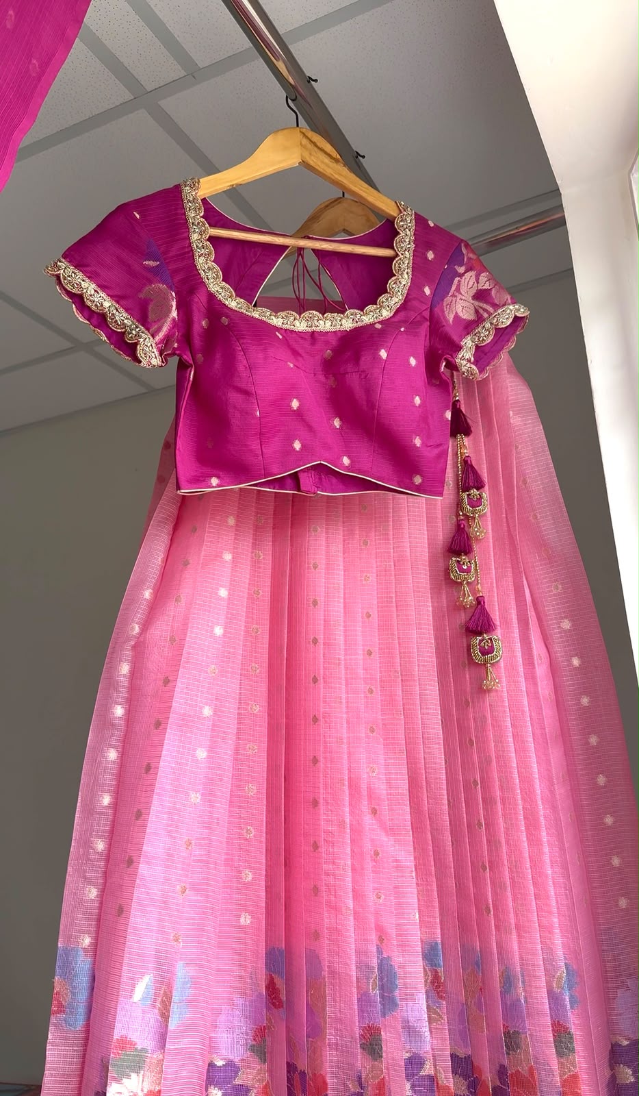 Pink Zari Kota Lehenga Set