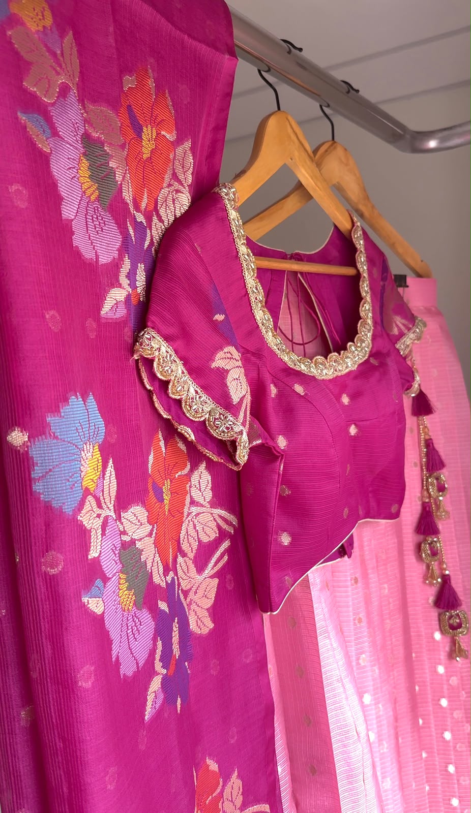Pink Zari Kota Lehenga Set