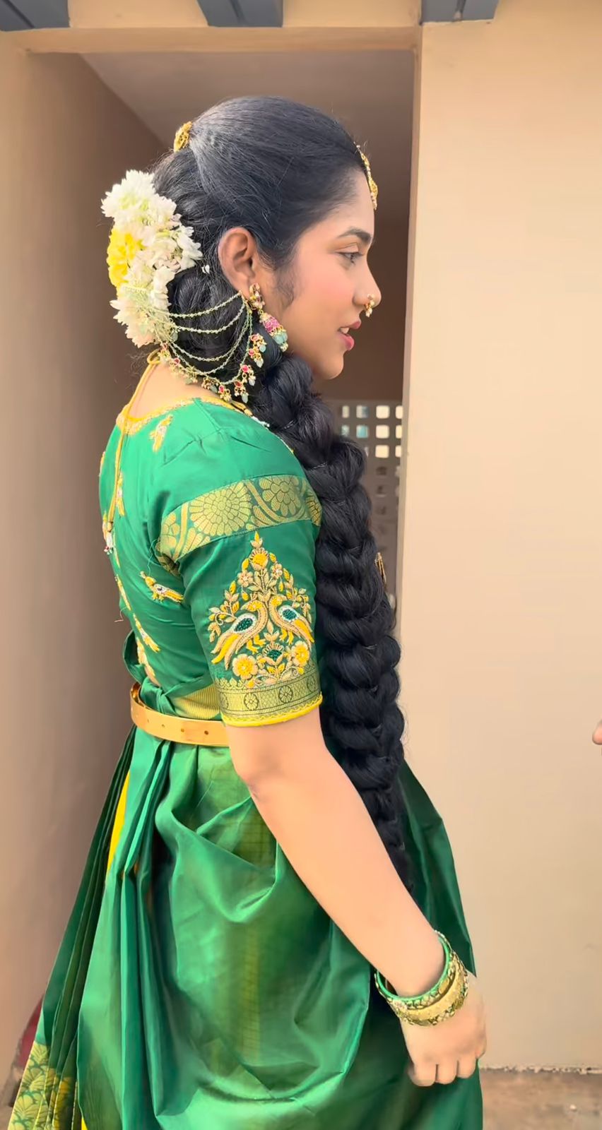 Green and yellow pure Kanchi Pattu lehenga