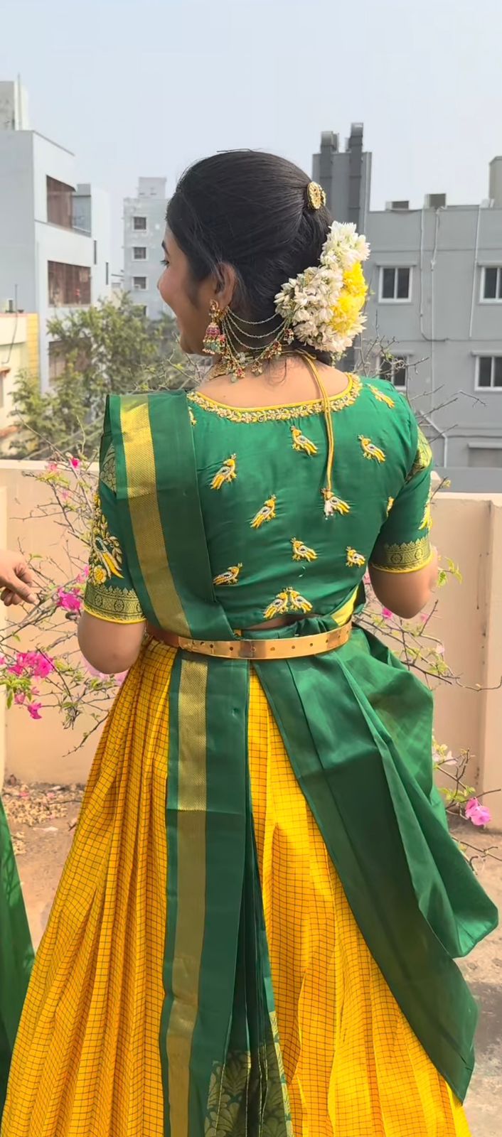 Green and yellow pure Kanchi Pattu lehenga