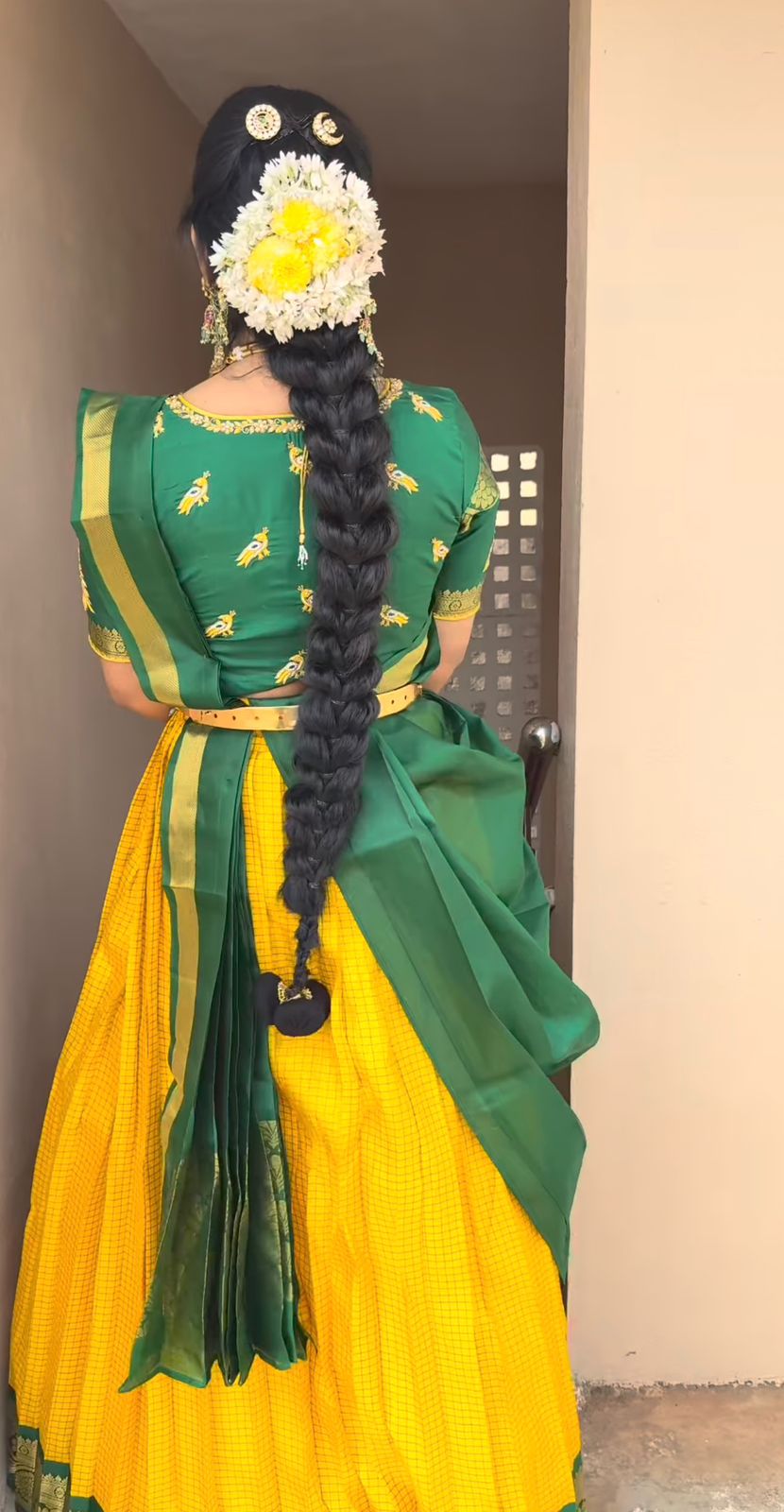 Green and yellow pure Kanchi Pattu lehenga