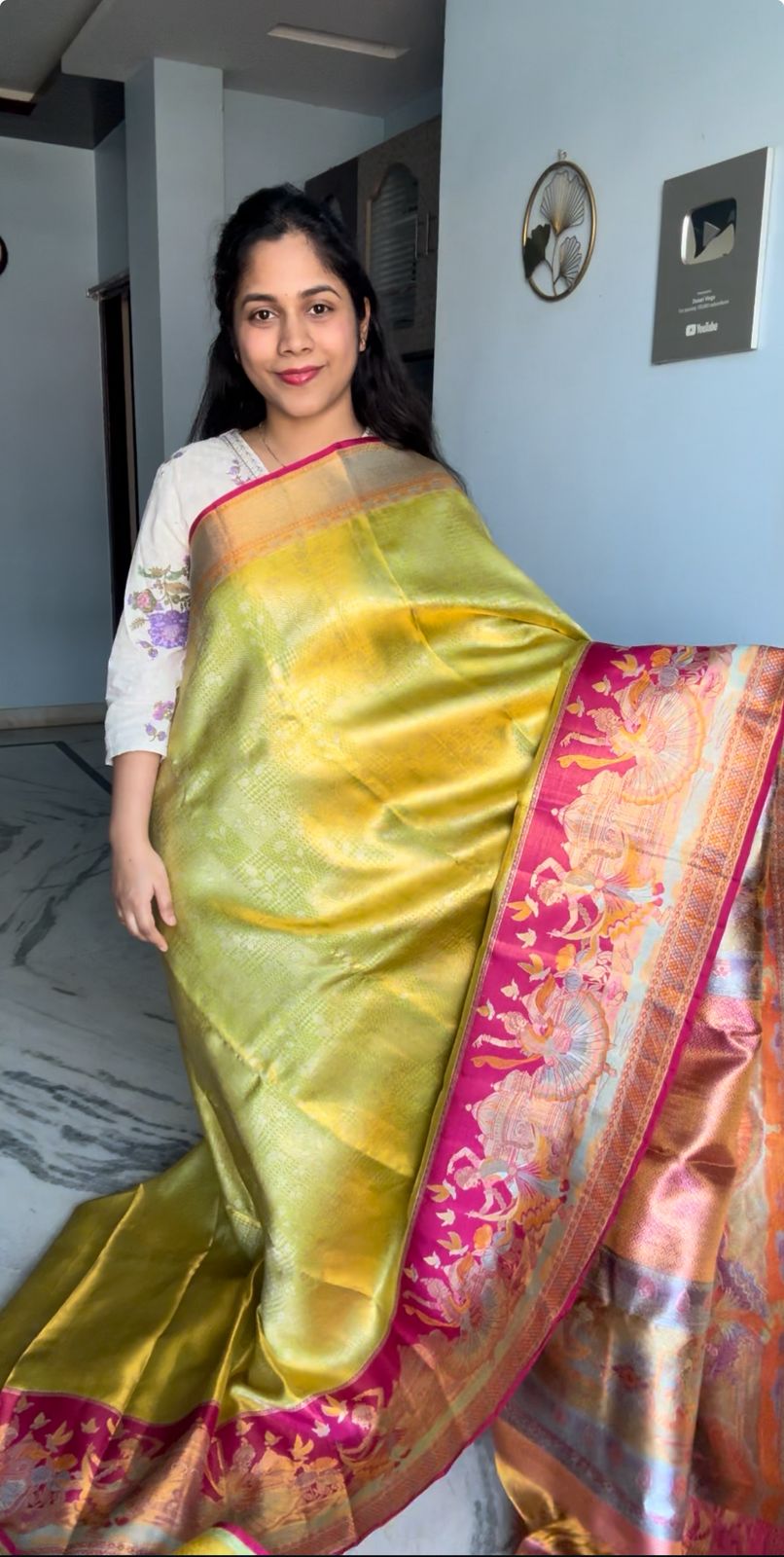 Meenakari Pure Kanchi Pattu Saree Green and Pink Colour Combination