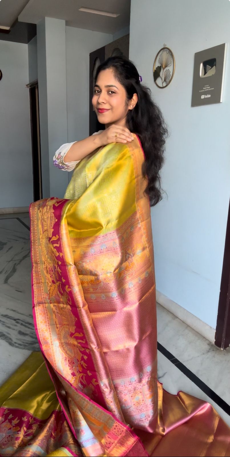 Meenakari Pure Kanchi Pattu Saree Green and Pink Colour Combination