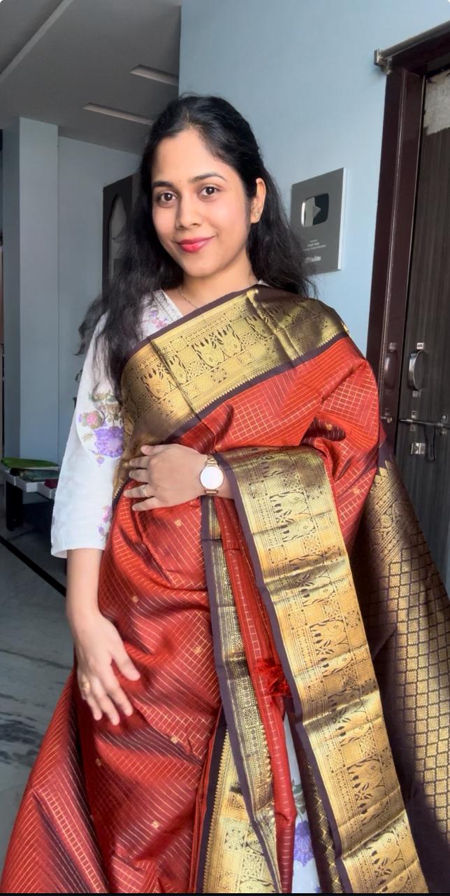 Kanchi Pattu Orange and Brown Vintage Saree