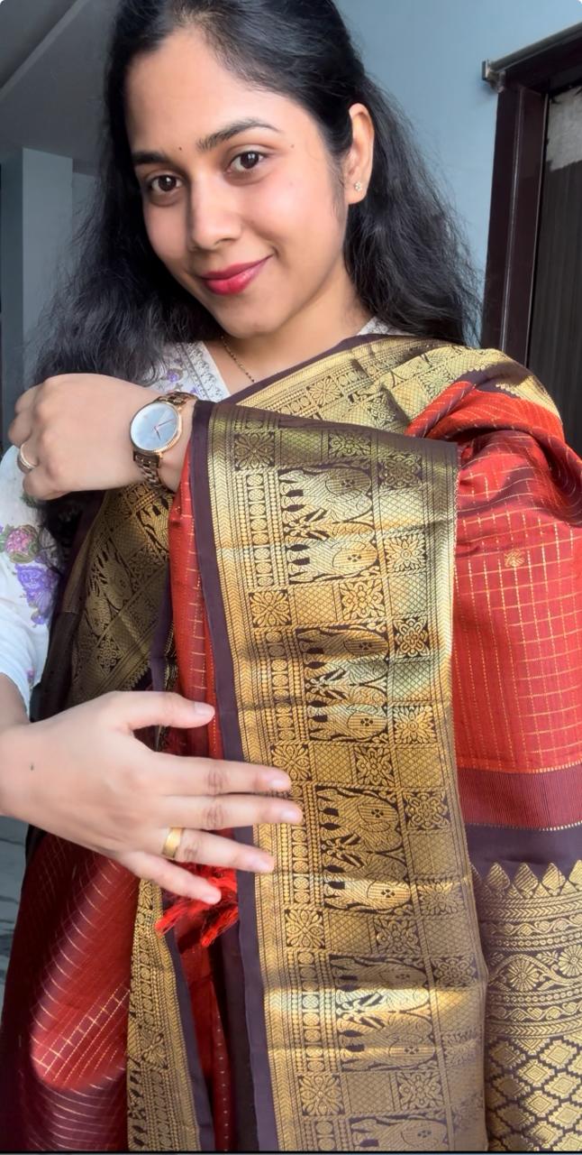 Kanchi Pattu Orange and Brown Vintage Saree