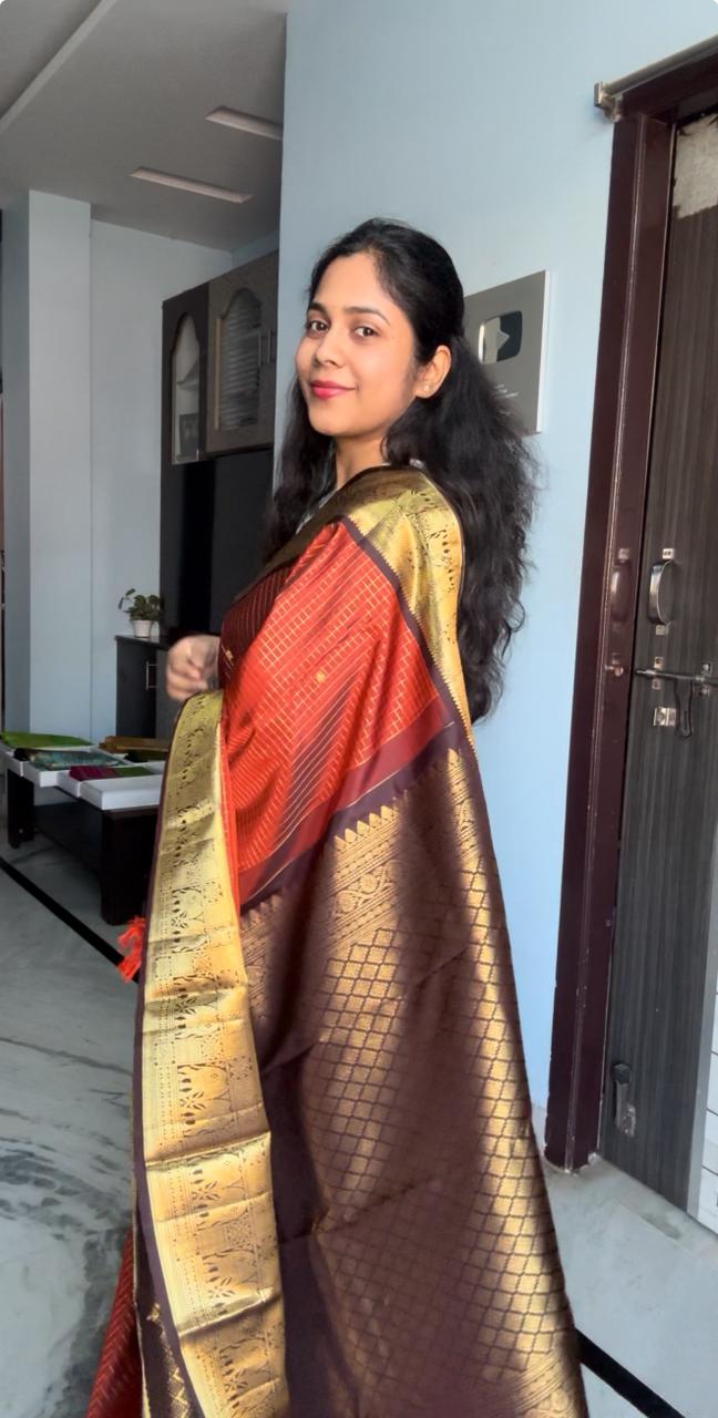 Kanchi Pattu Orange and Brown Vintage Saree