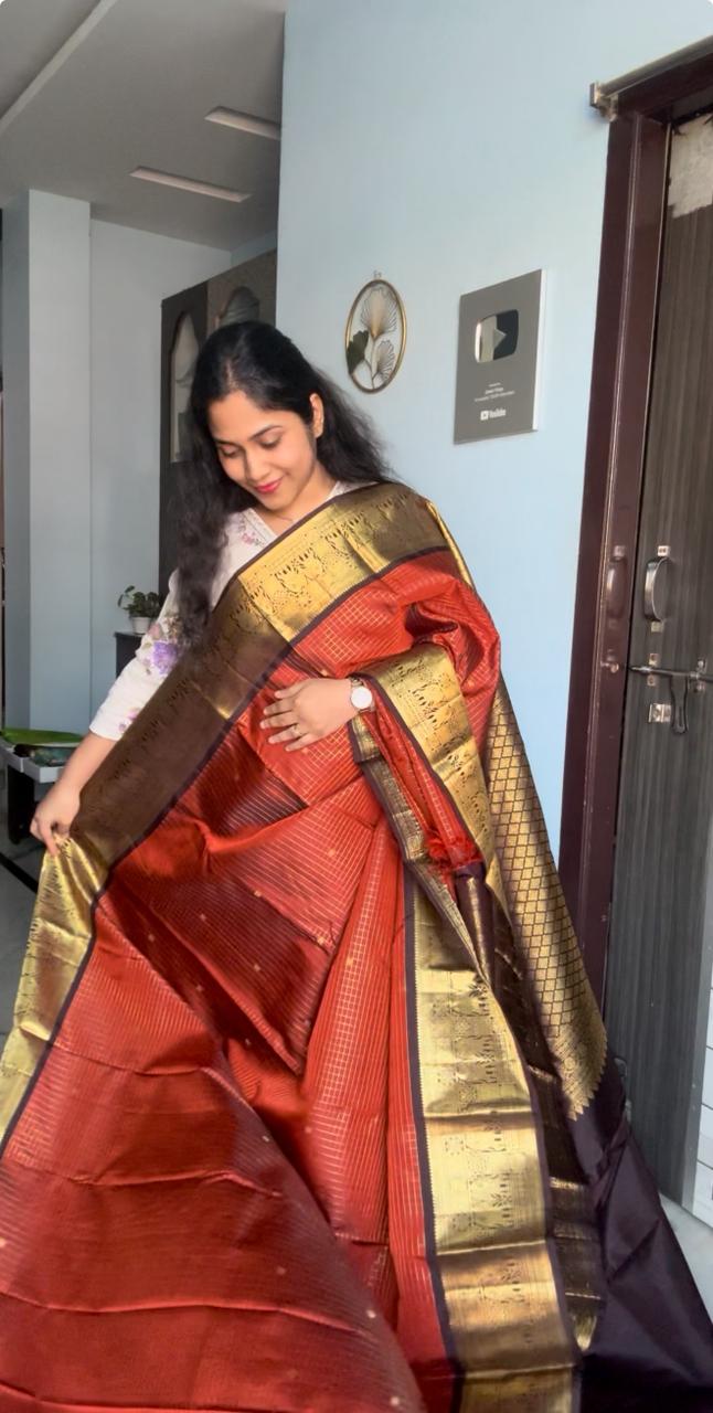 Kanchi Pattu Orange and Brown Vintage Saree