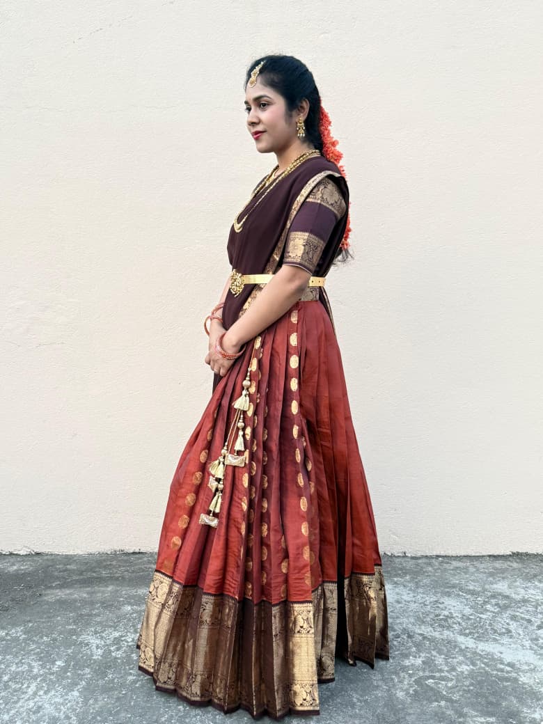 Orange and Brown Pattu Lehenga