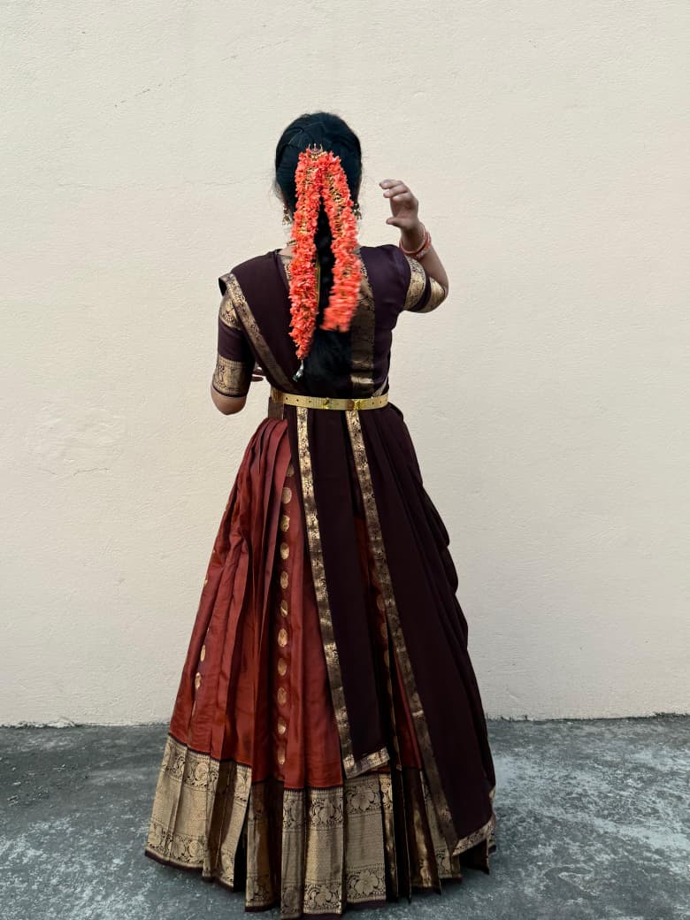 Orange and Brown Pattu Lehenga