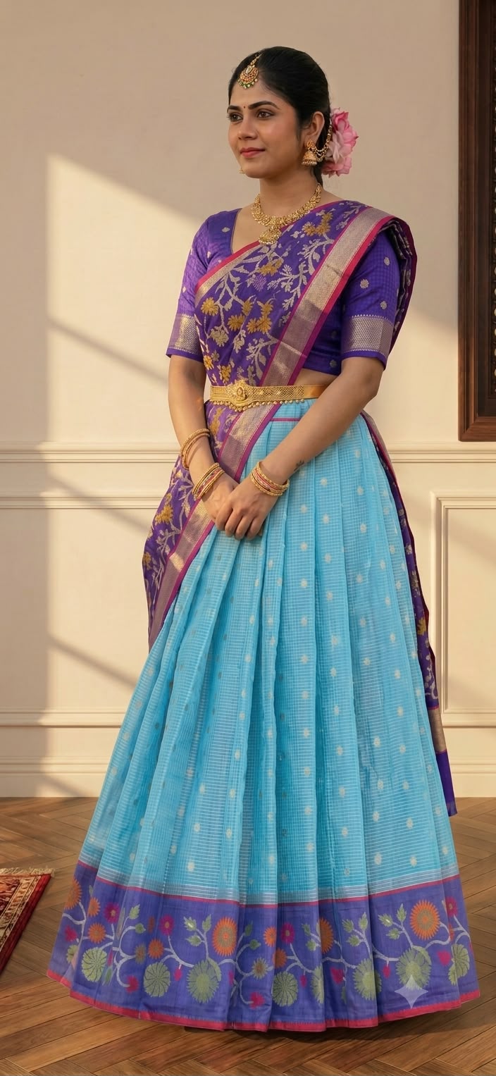 Zari Kota Pattu Lehenga fully stitched.