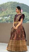 Brown Semi Kanchipattu Lehenga With Unstitched Blouse