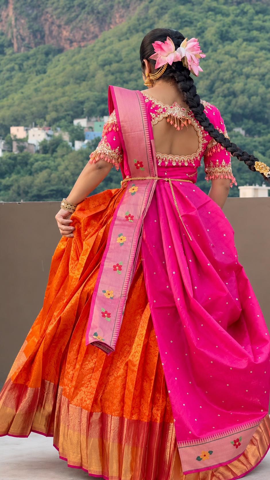 Orange and Pink Pure Kanchipattu Lehenga Set
