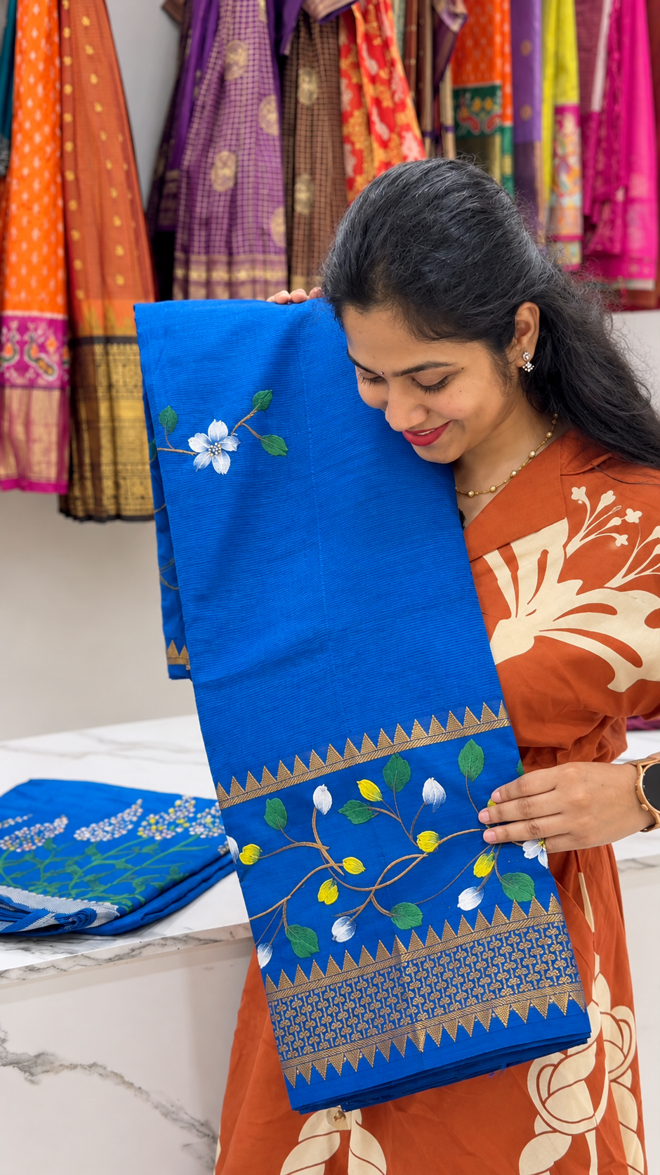 Mangalagiri Hand Painted Blue Saree