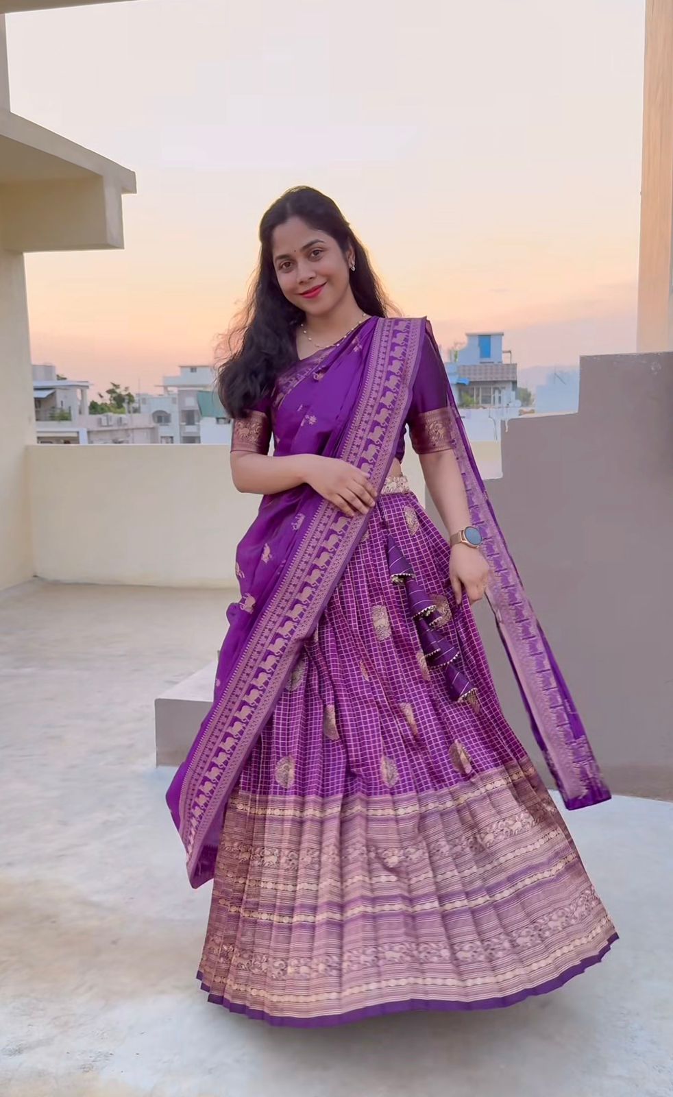 Purple Semi Kanchipattu Lehenga With Unstitched Blouse