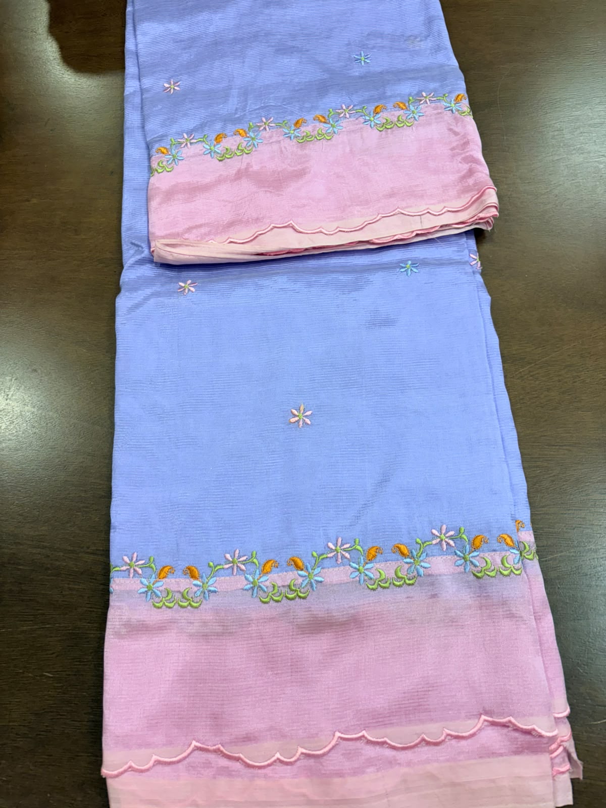 Lavender and Pink Border Mangalagiri Saree with Embroidery and Cut Work