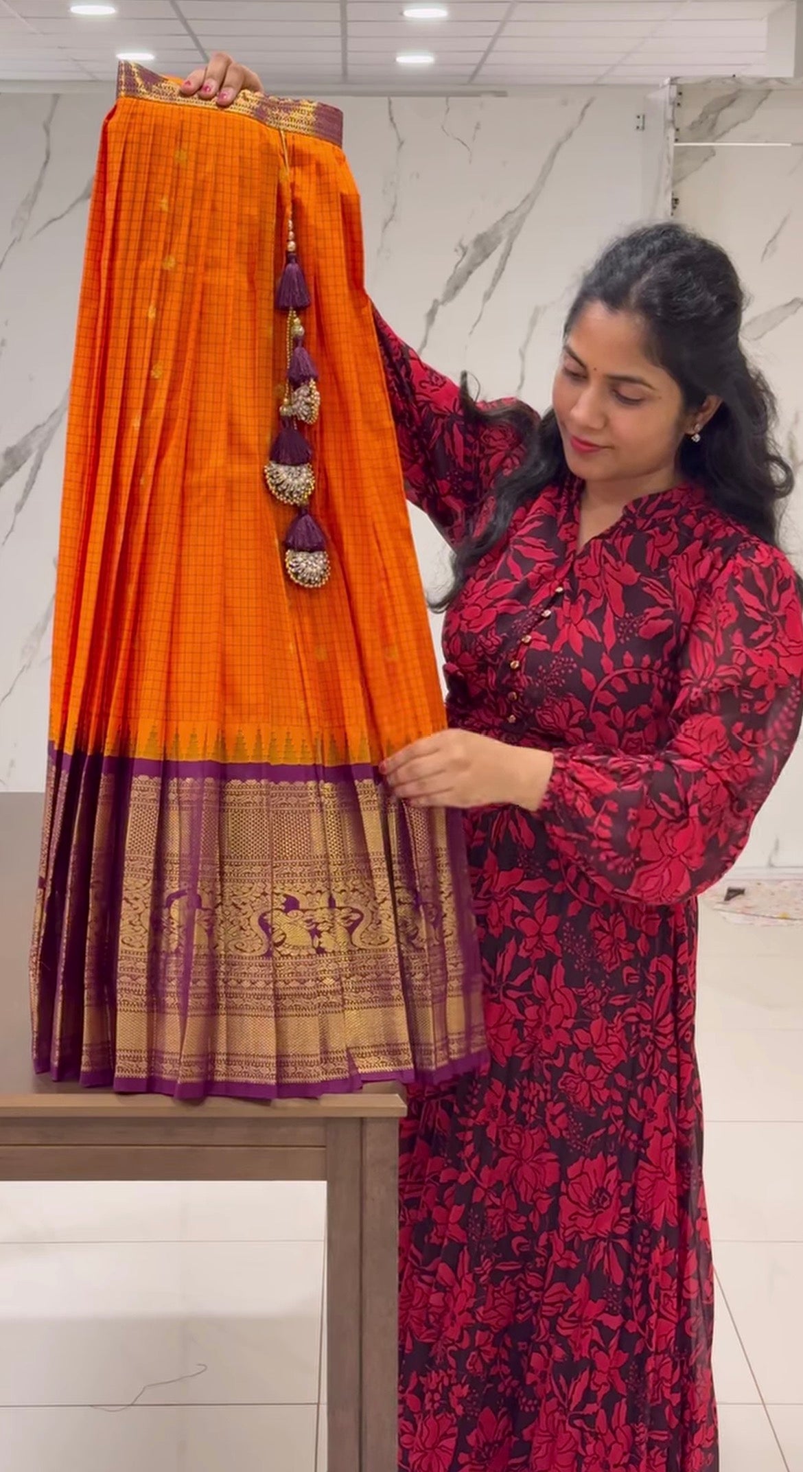 Orange Vintage Gadwal Pattu Lehenga set