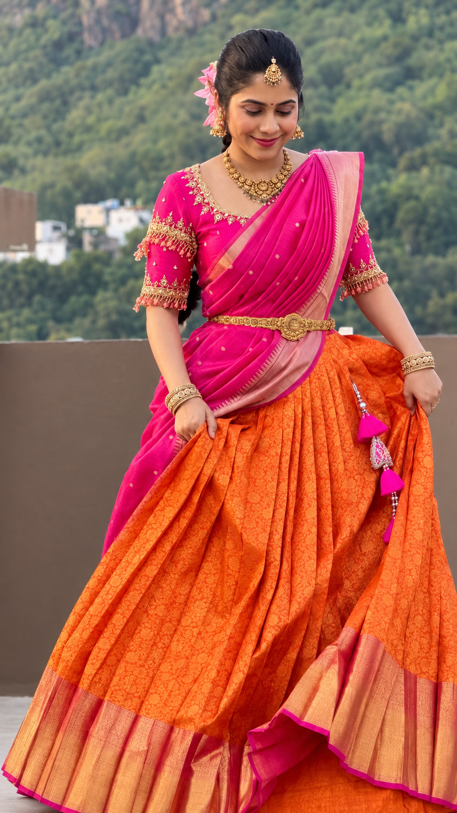 Orange and Pink Pure Kanchipattu Lehenga Set