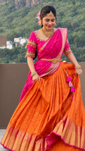 Orange and Pink Pure Kanchipattu Lehenga Set