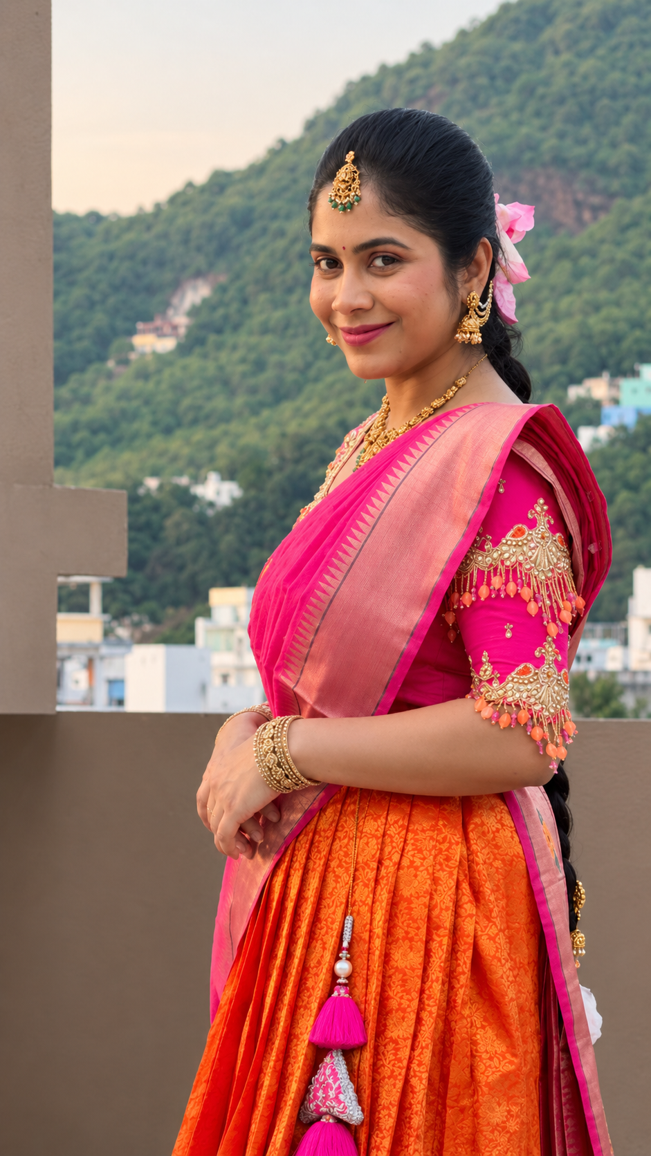 Orange and Pink Pure Kanchipattu Lehenga Set