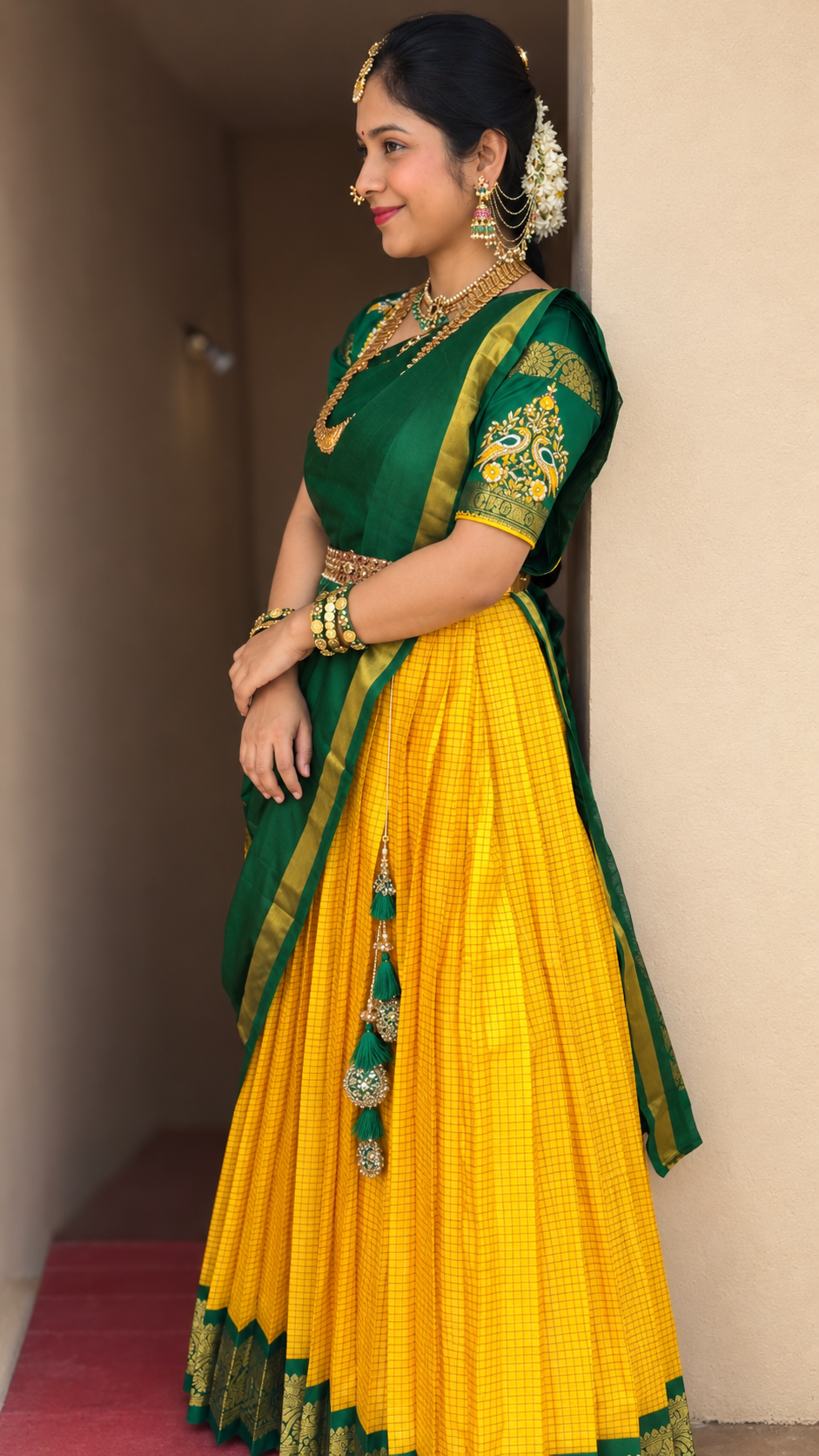Yellow and Green Pure Kanchipattu Lehenga Set