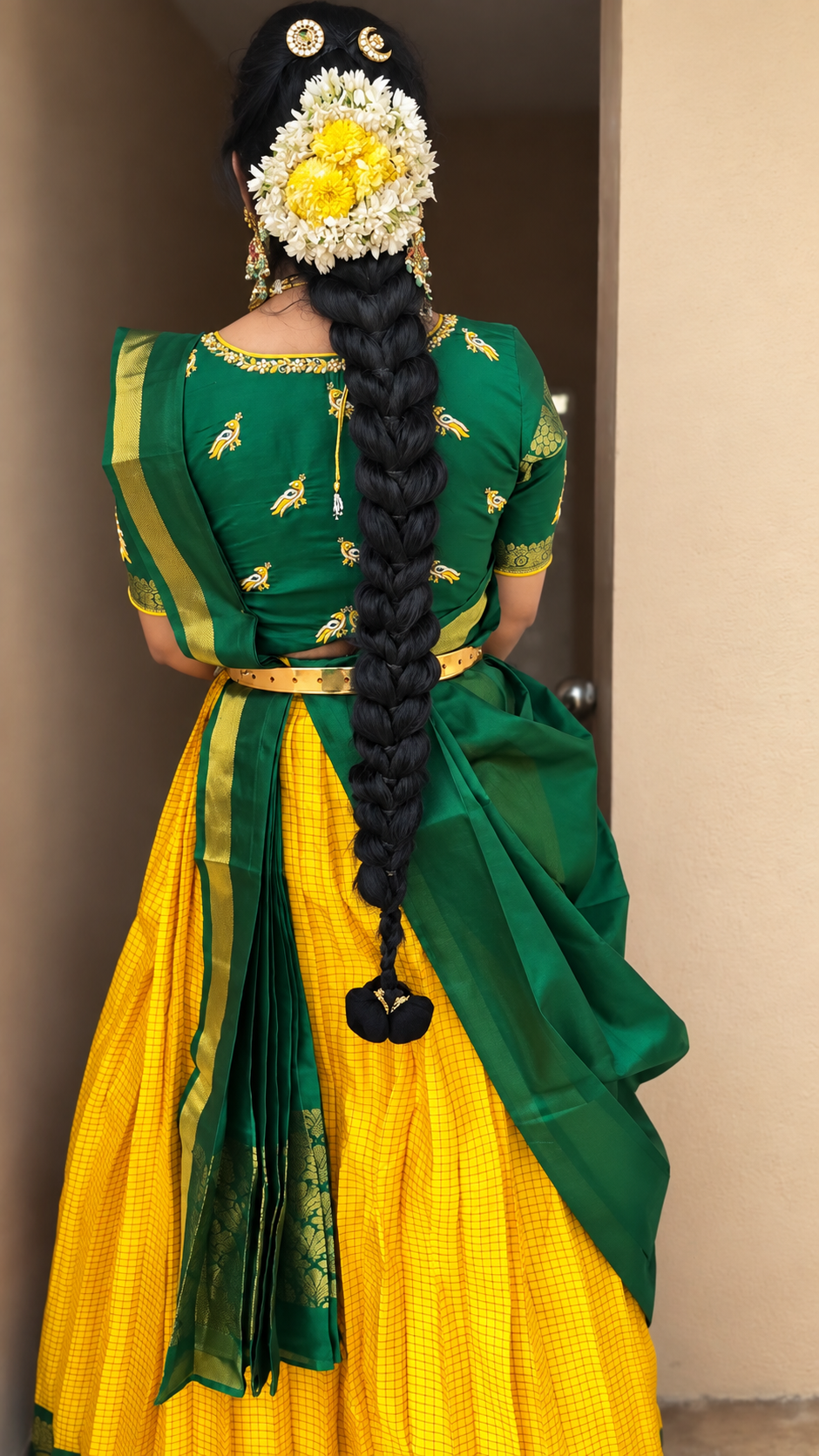 Yellow and Green Pure Kanchipattu Lehenga Set