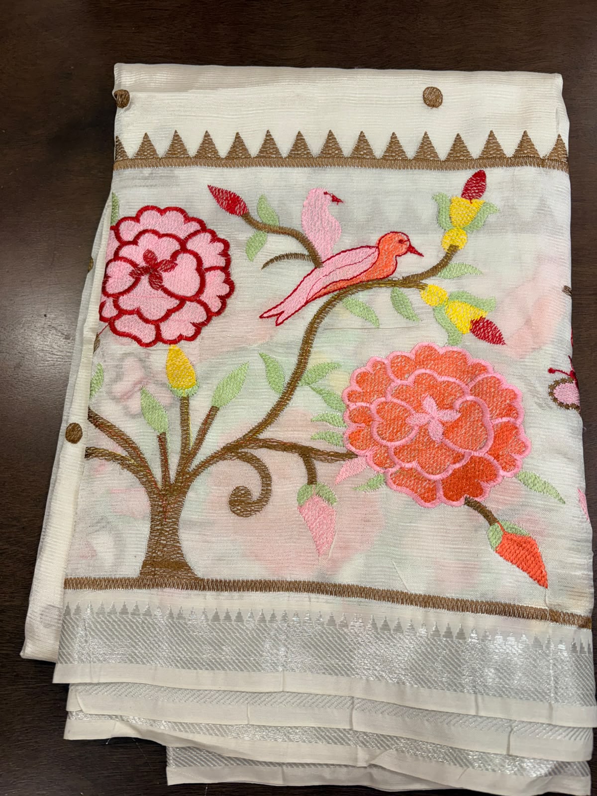 Cream Mangalagiri Saree with Fusion work