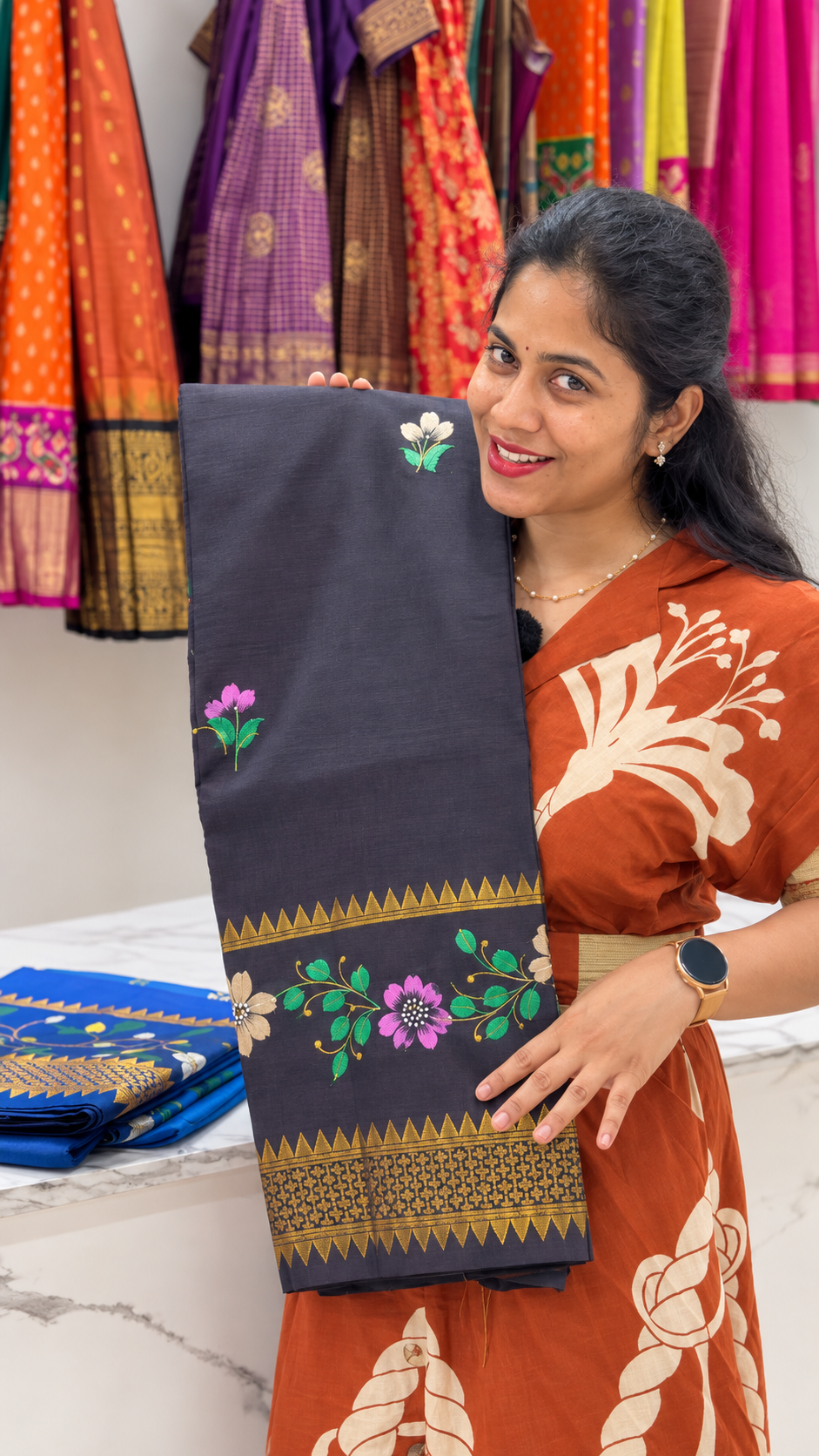 Mangalagiri Hand Painted Brown Saree