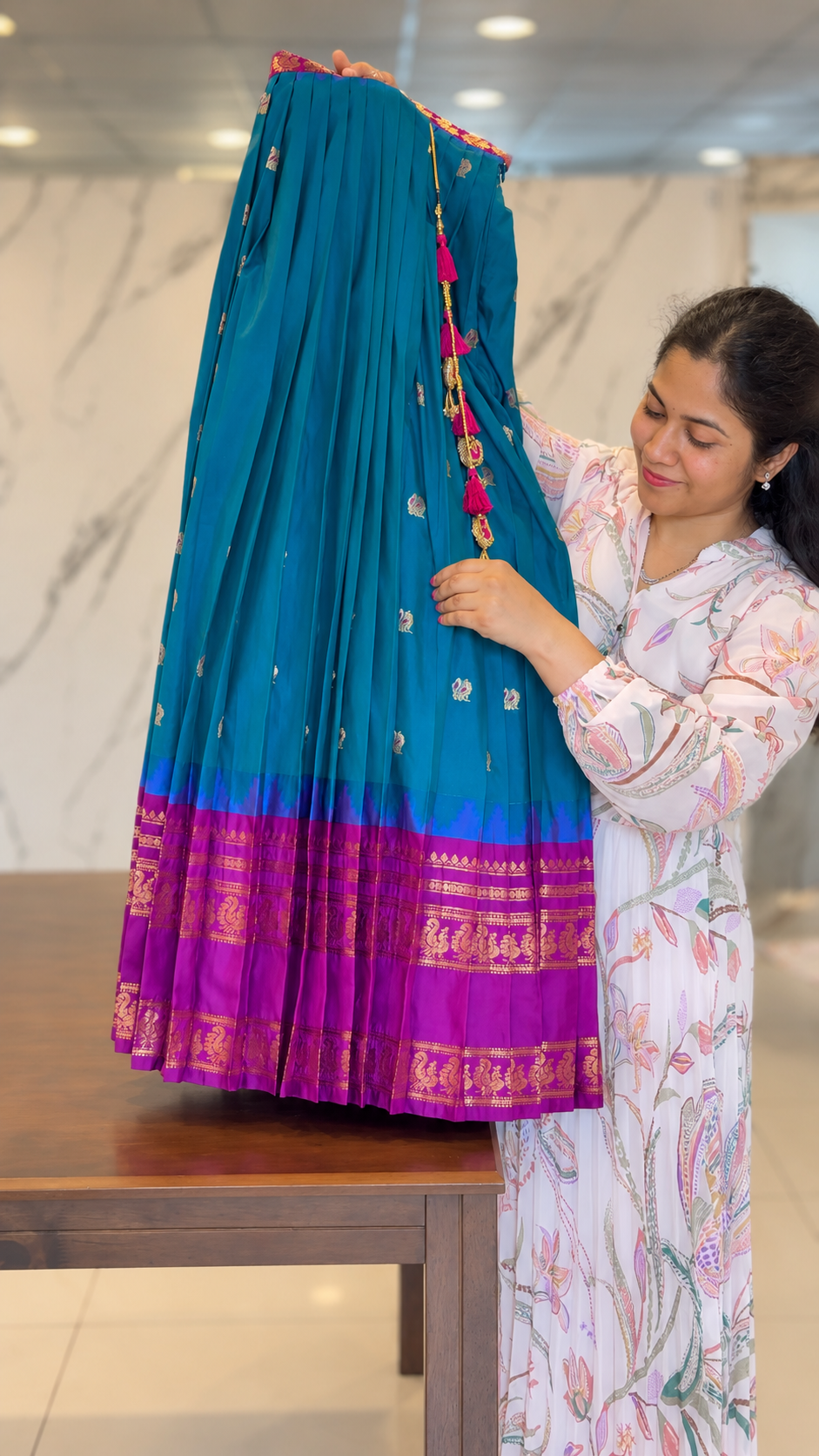 Semi Gadwal Blue and Pink Lehenga Set