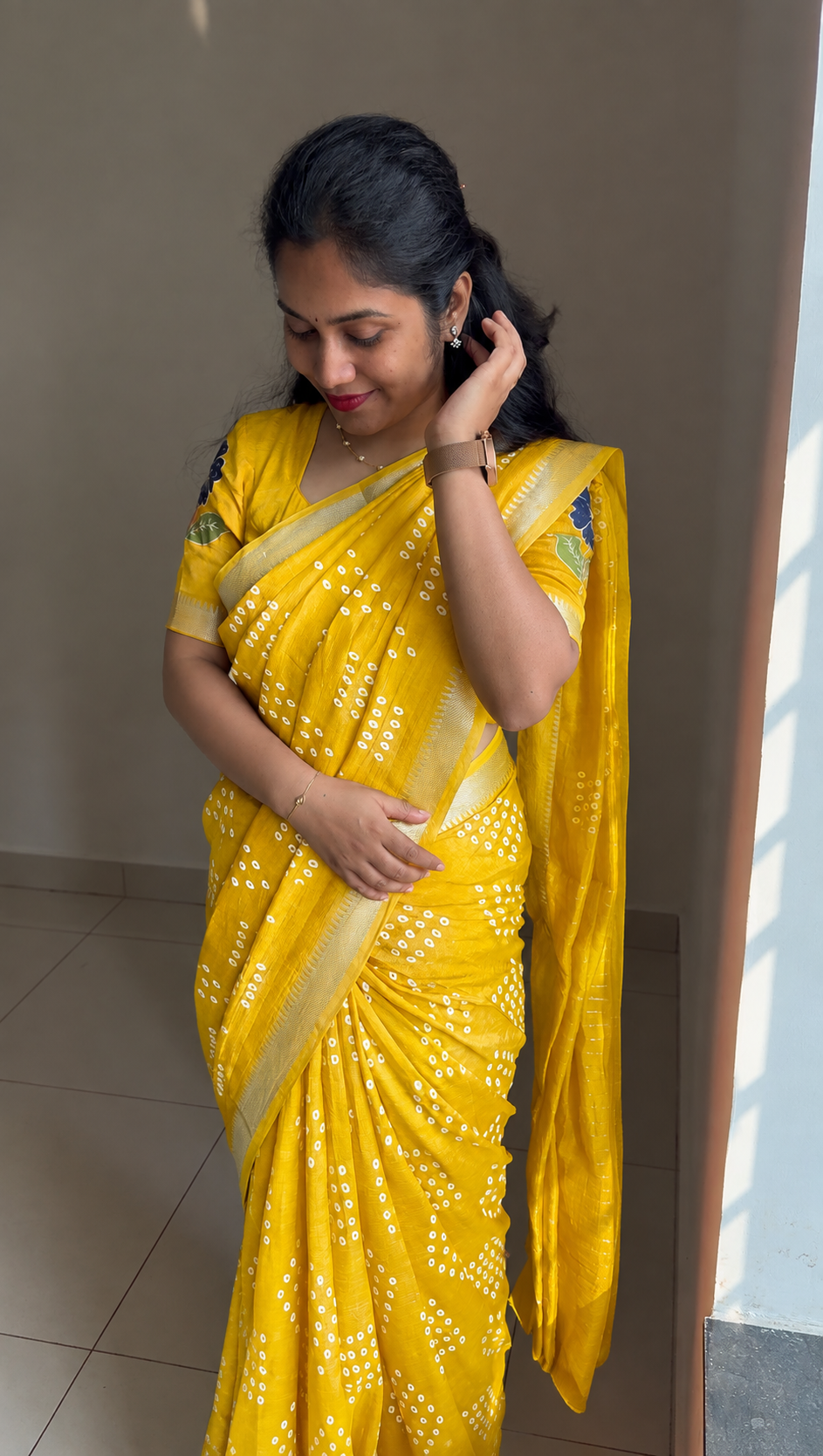 Yellow Mangalagiri Bandhani Saree