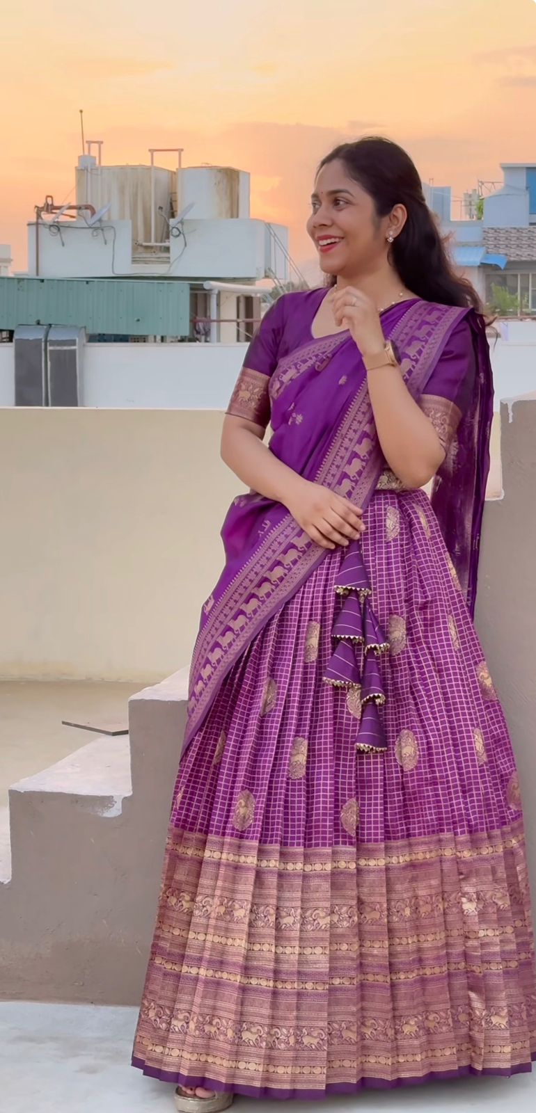 Purple Semi Kanchipattu Lehenga With Unstitched Blouse