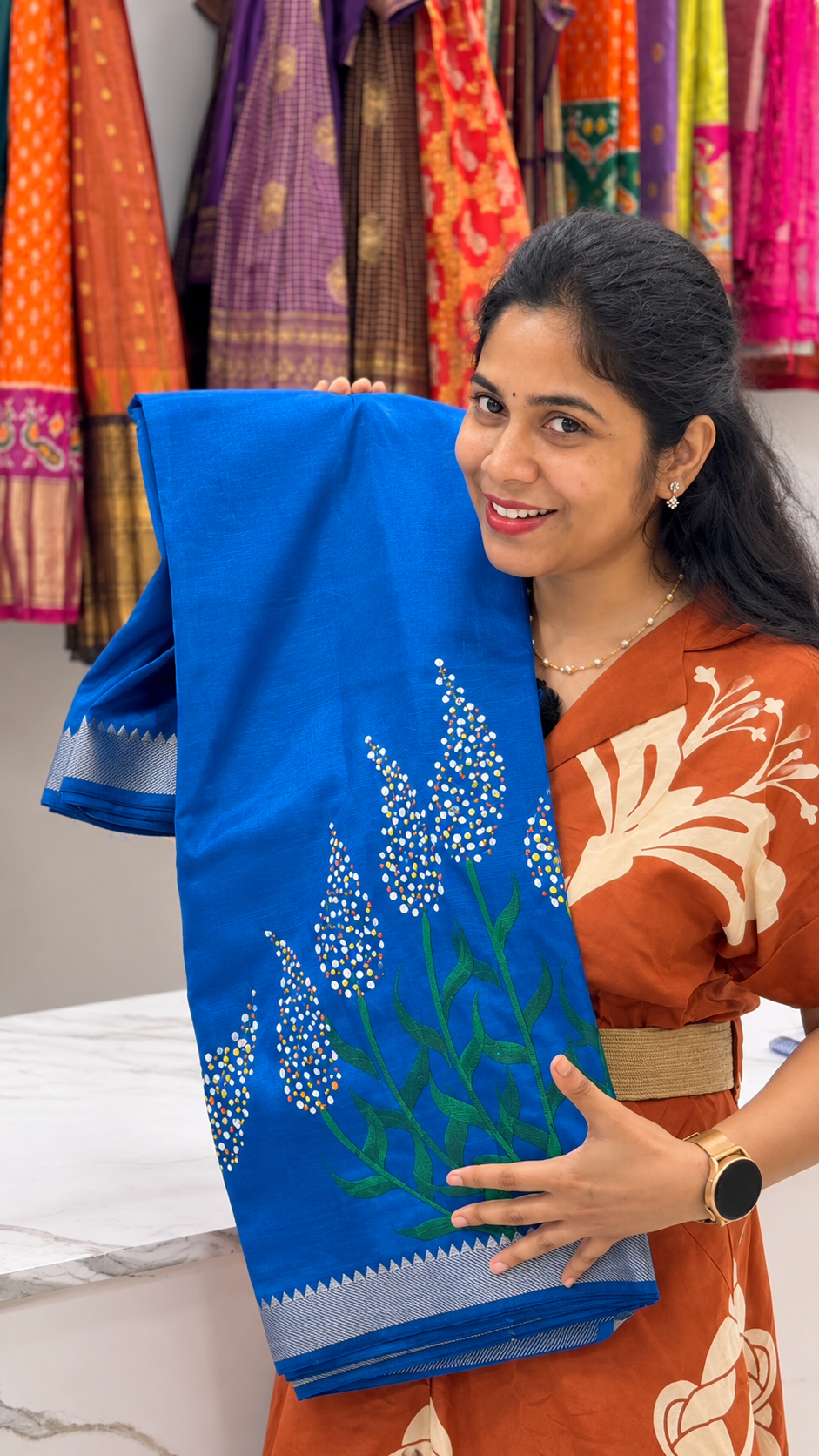 Mangalagiri Hand Painted Blue Leaf Saree