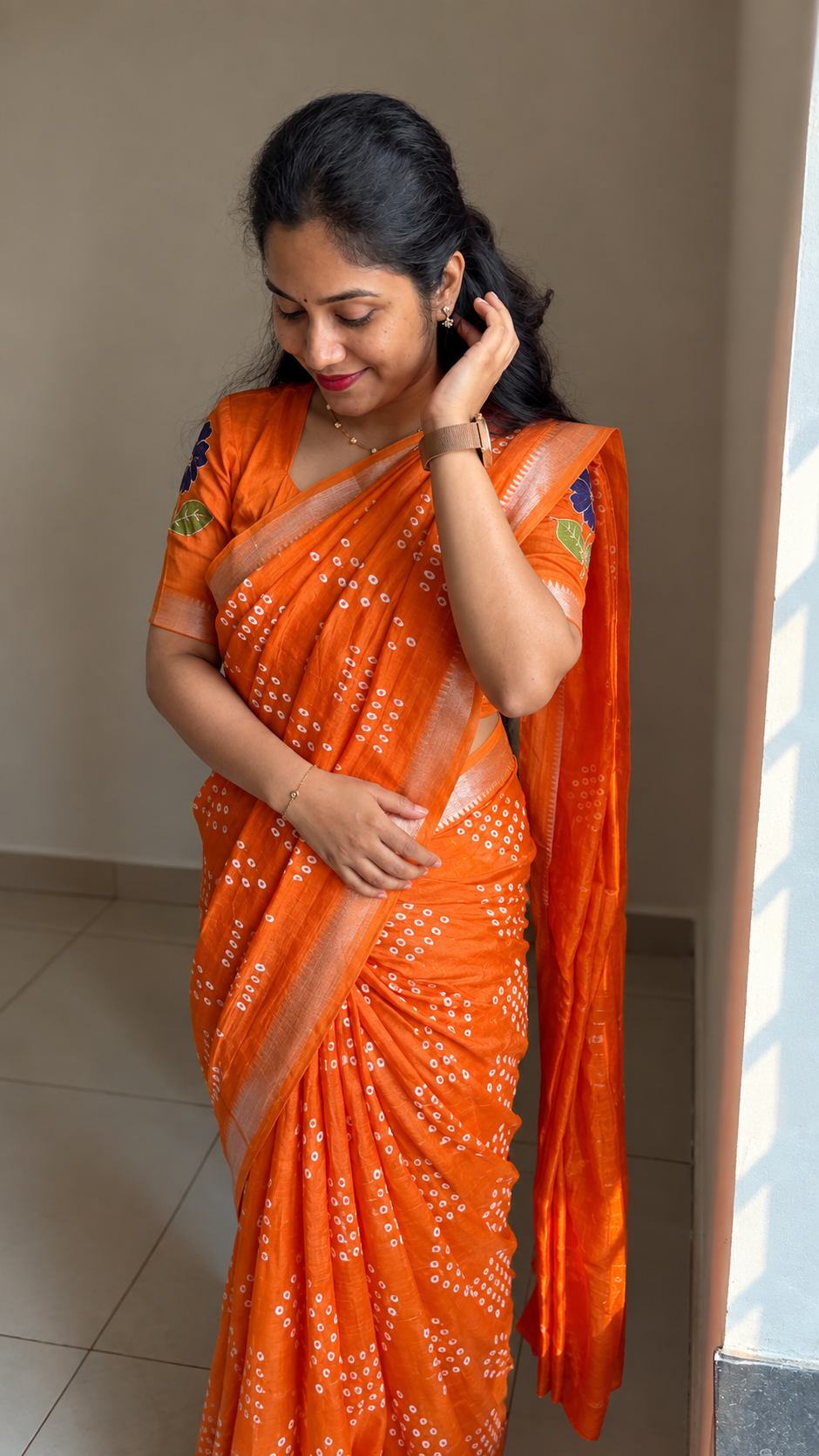 Orange Mangalagiri Bandhani Saree