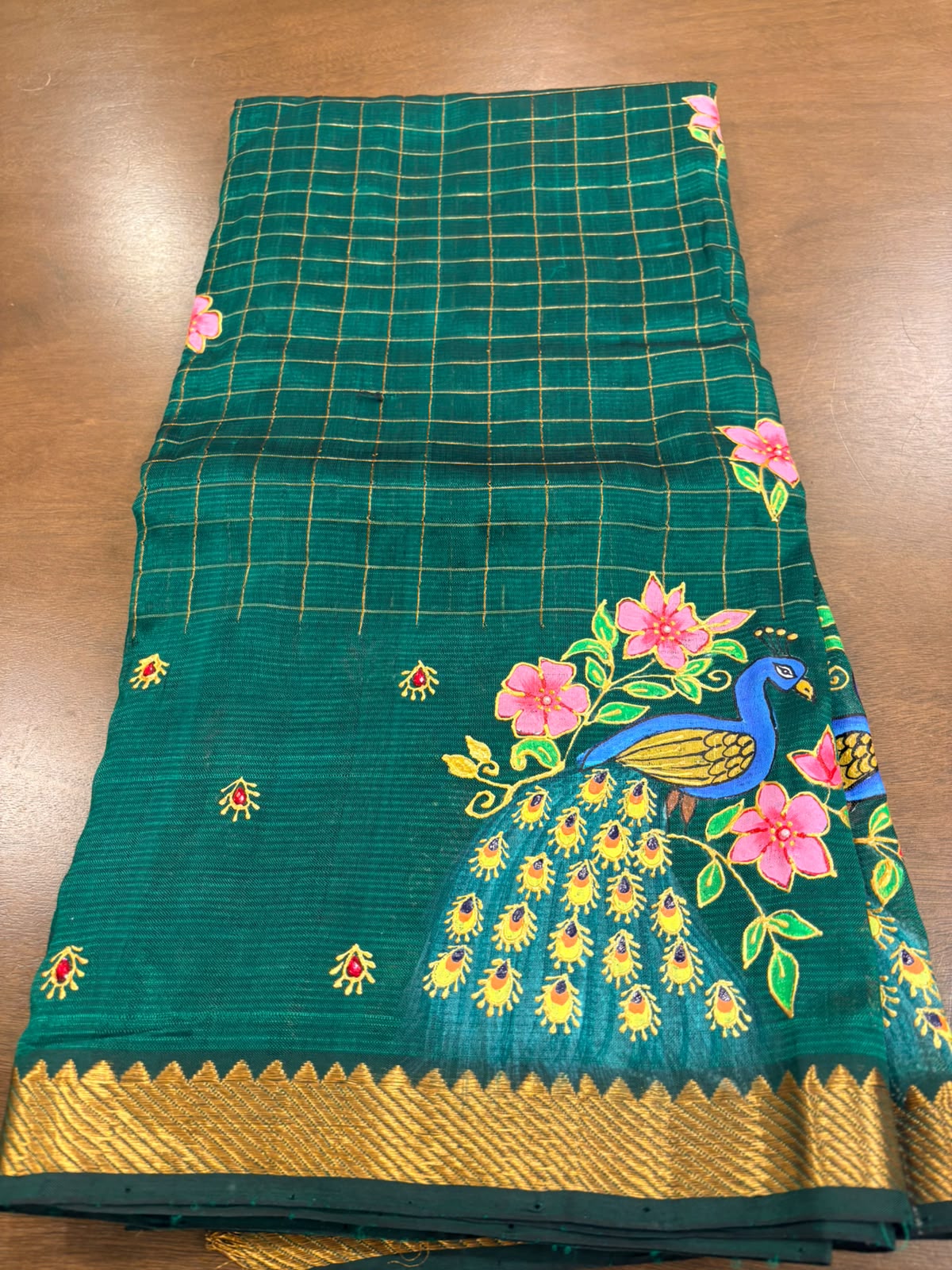 Mangalagiri Tanjavur Painting Green Saree
