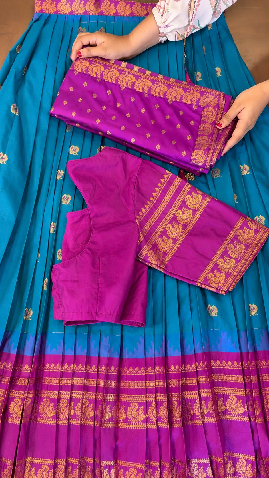 Semi Gadwal Blue and Pink Lehenga Set
